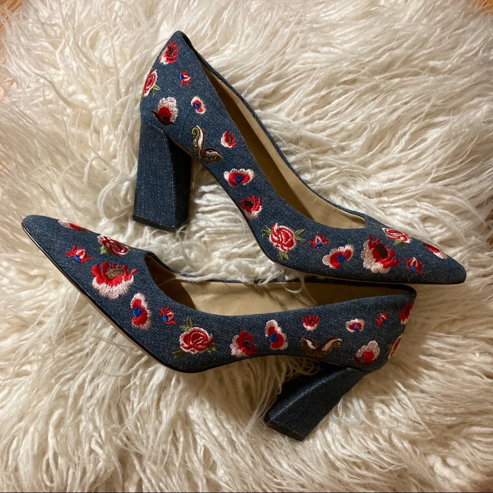 embroidered denim heels